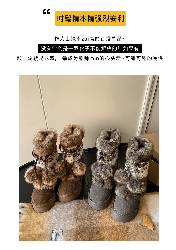 Winter super warm thick-soled snow boots, color-blocked bow comfortable women's boots, brown and gray, 10-30h