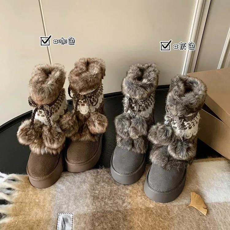 Winter super warm thick-soled snow boots, color-blocked bow comfortable women's boots, brown and gray, 10-30h