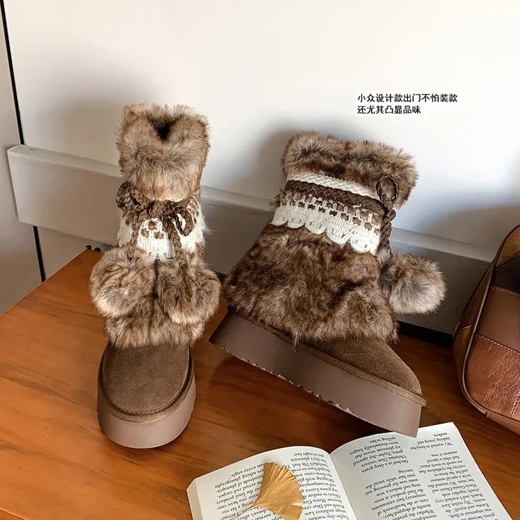 Winter super warm thick-soled snow boots, color-blocked bow comfortable women's boots, brown and gray, 10-30h