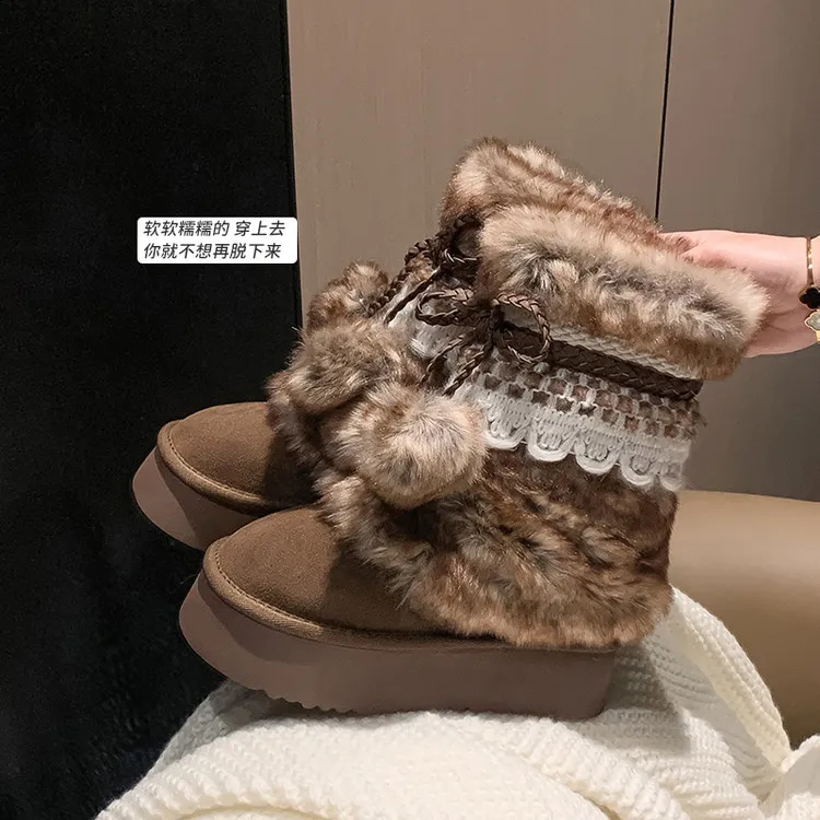 Winter super warm thick-soled snow boots, color-blocked bow comfortable women's boots, brown and gray, 10-30h