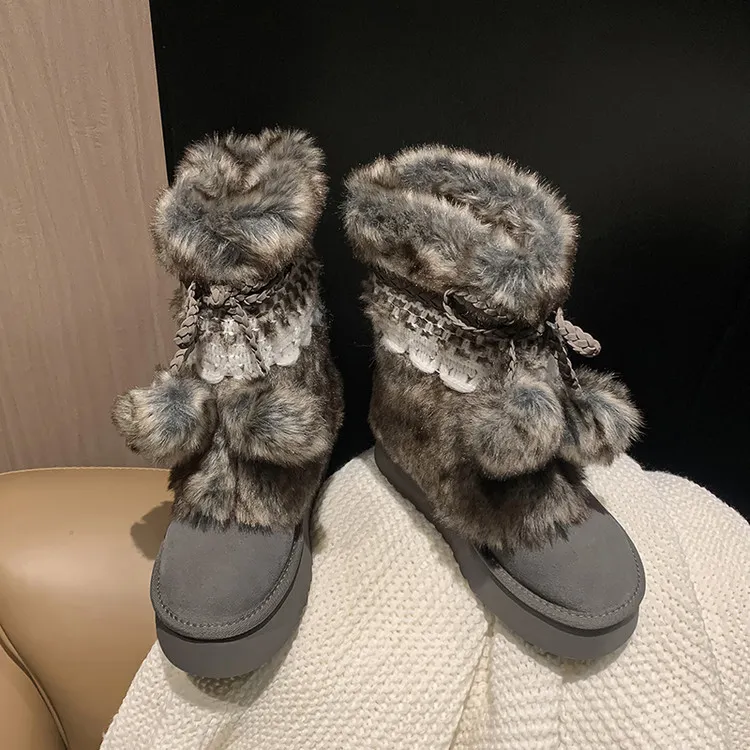 Winter super warm thick-soled snow boots, color-blocked bow comfortable women's boots, brown and gray, 10-30h