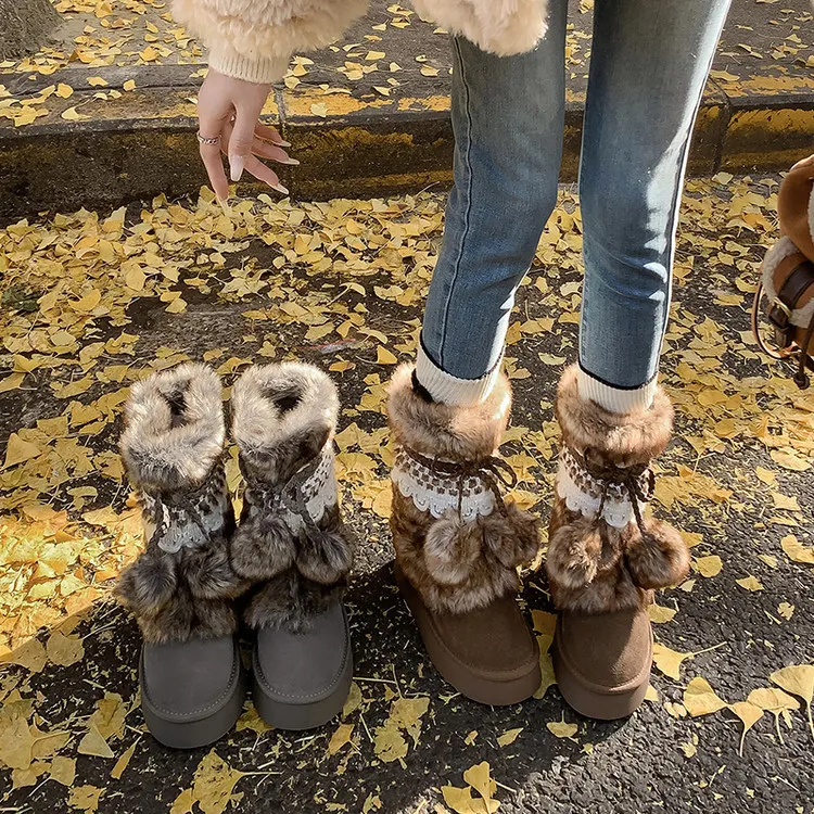 Winter super warm thick-soled snow boots, color-blocked bow comfortable women's boots, brown and gray, 10-30h