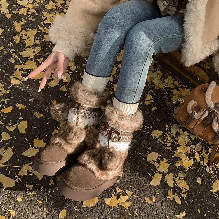 Winter super warm thick-soled snow boots, color-blocked bow comfortable women's boots, brown and gray, 10-30h