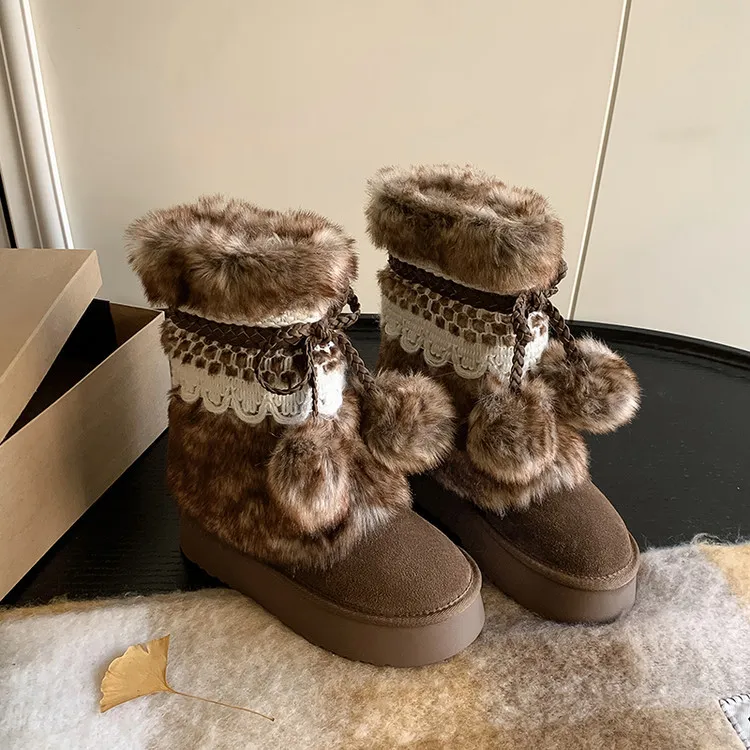 Winter super warm thick-soled snow boots, color-blocked bow comfortable women's boots, brown and gray, 10-30h