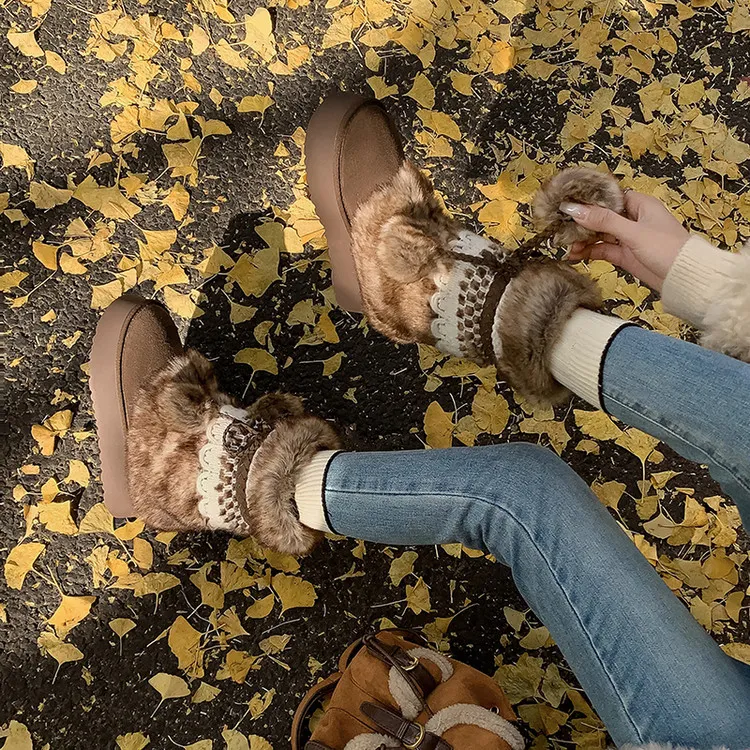 Winter super warm thick-soled snow boots, color-blocked bow comfortable women's boots, brown and gray, 10-30h
