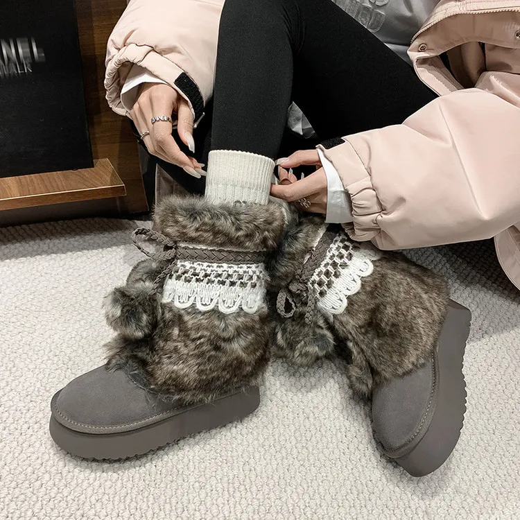 Winter super warm thick-soled snow boots, color-blocked bow comfortable women's boots, brown and gray, 10-30h