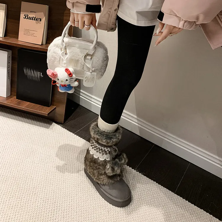 Winter super warm thick-soled snow boots, color-blocked bow comfortable women's boots, brown and gray, 10-30h