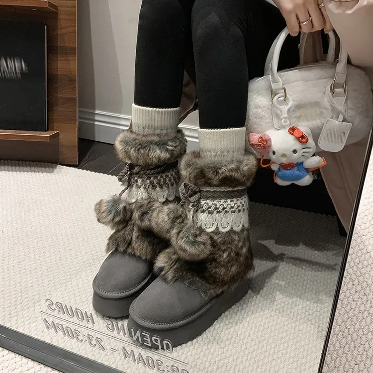 Winter super warm thick-soled snow boots, color-blocked bow comfortable women's boots, brown and gray, 10-30h
