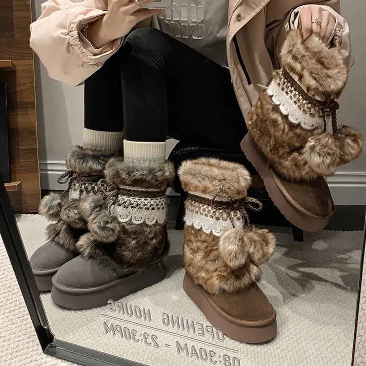 Winter super warm thick-soled snow boots, color-blocked bow comfortable women's boots, brown and gray, 10-30h