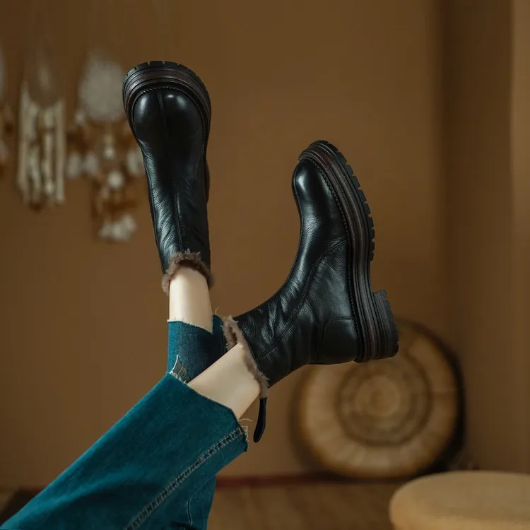 Winter round-toe snow boots, thick sole, chunky heel, high heel, back zipper, simple lamb wool women's boots