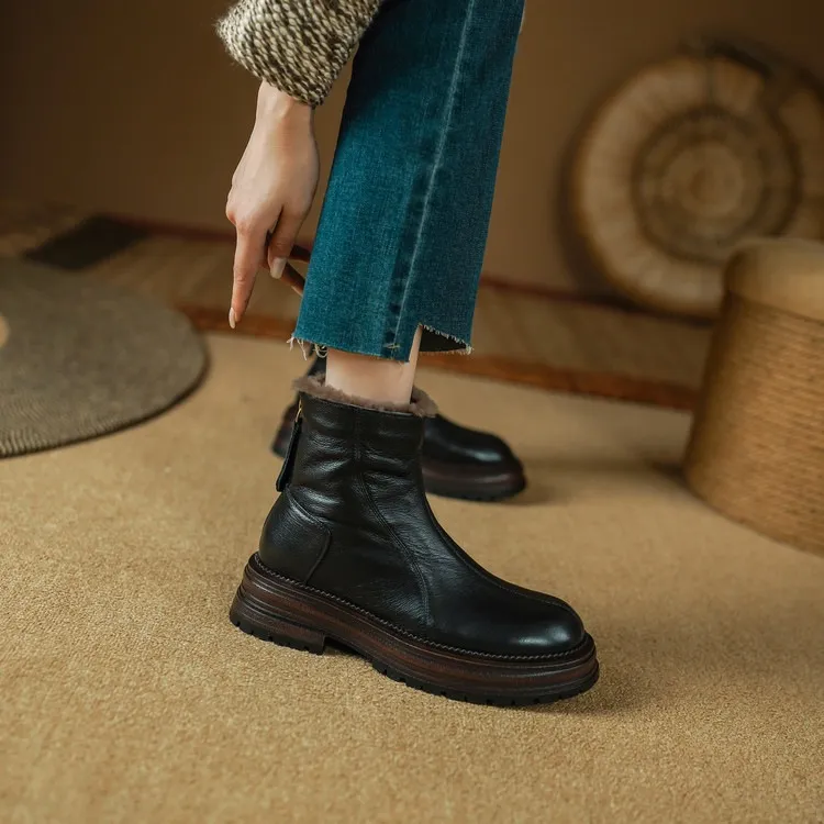 Winter round-toe snow boots, thick sole, chunky heel, high heel, back zipper, simple lamb wool women's boots