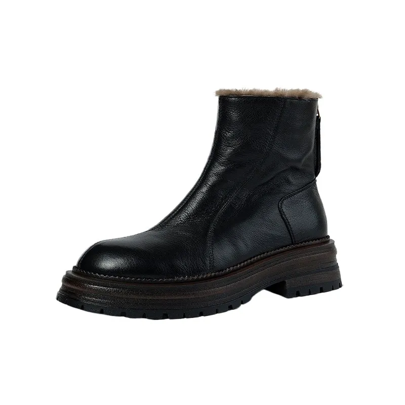 Winter round-toe snow boots, thick sole, chunky heel, high heel, back zipper, simple lamb wool women's boots