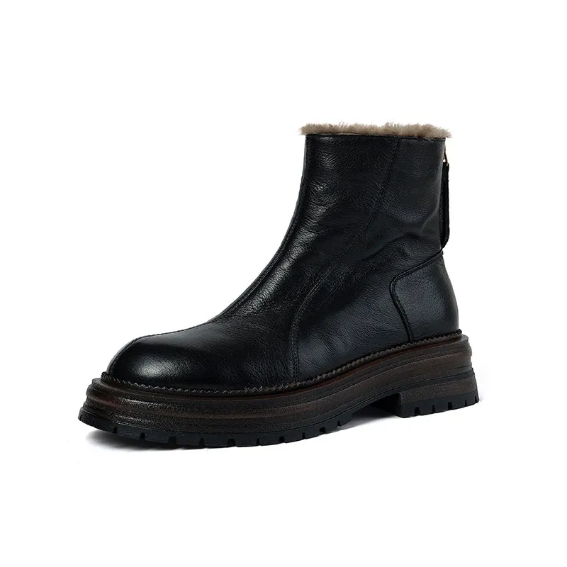 Winter round-toe snow boots, thick sole, chunky heel, high heel, back zipper, simple lamb wool women's boots