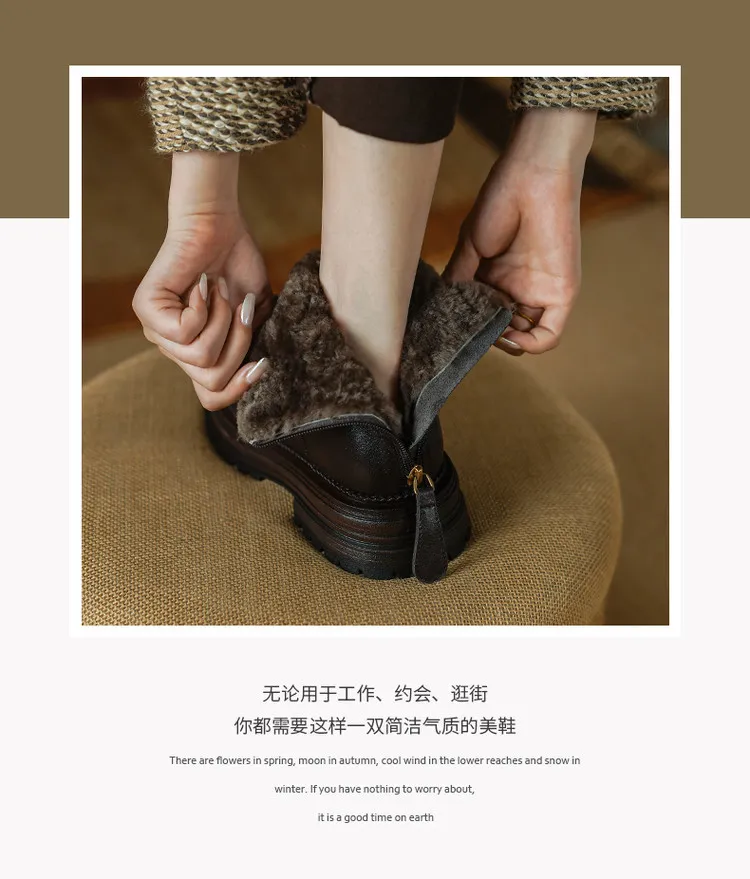 Winter round-toe snow boots, thick sole, chunky heel, high heel, back zipper, simple lamb wool women's boots