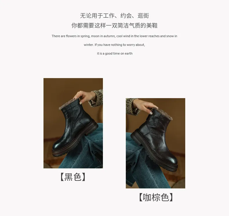 Winter round-toe snow boots, thick sole, chunky heel, high heel, back zipper, simple lamb wool women's boots