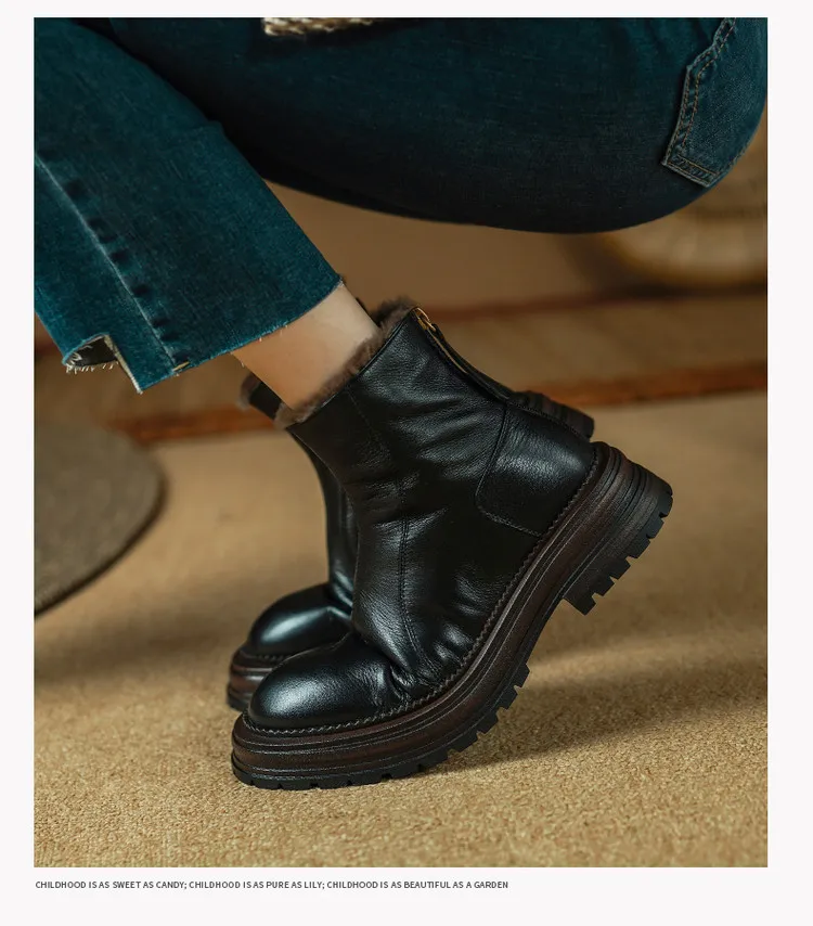 Winter round-toe snow boots, thick sole, chunky heel, high heel, back zipper, simple lamb wool women's boots