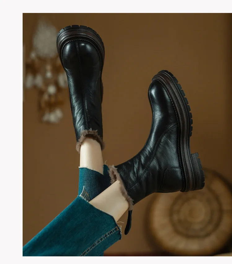Winter round-toe snow boots, thick sole, chunky heel, high heel, back zipper, simple lamb wool women's boots