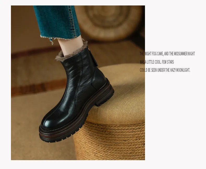 Winter round-toe snow boots, thick sole, chunky heel, high heel, back zipper, simple lamb wool women's boots