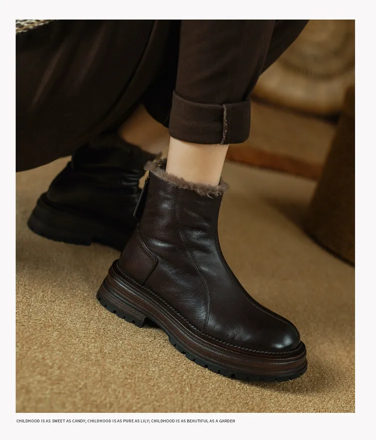 Winter round-toe snow boots, thick sole, chunky heel, high heel, back zipper, simple lamb wool women's boots