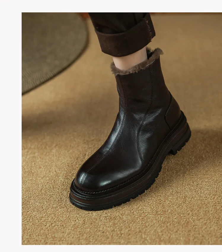 Winter round-toe snow boots, thick sole, chunky heel, high heel, back zipper, simple lamb wool women's boots