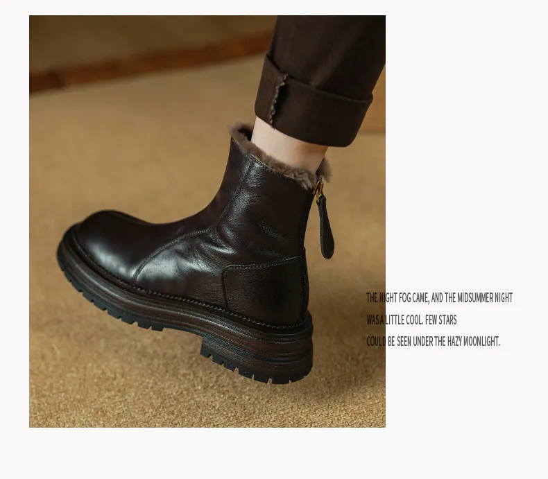 Winter round-toe snow boots, thick sole, chunky heel, high heel, back zipper, simple lamb wool women's boots