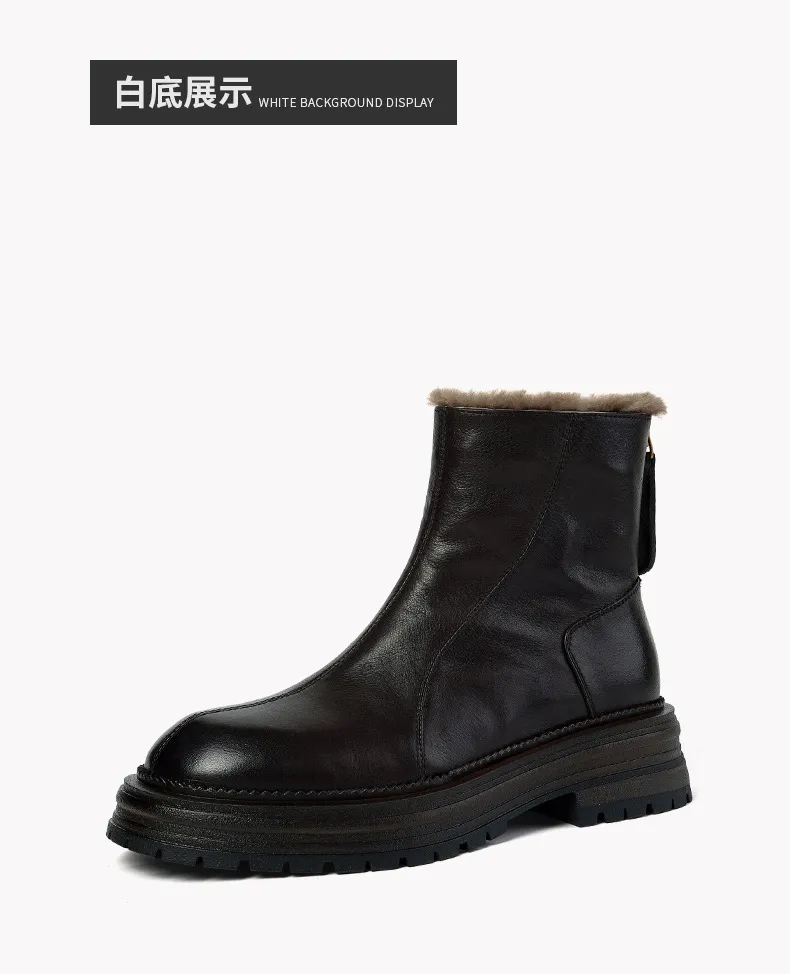 Winter round-toe snow boots, thick sole, chunky heel, high heel, back zipper, simple lamb wool women's boots