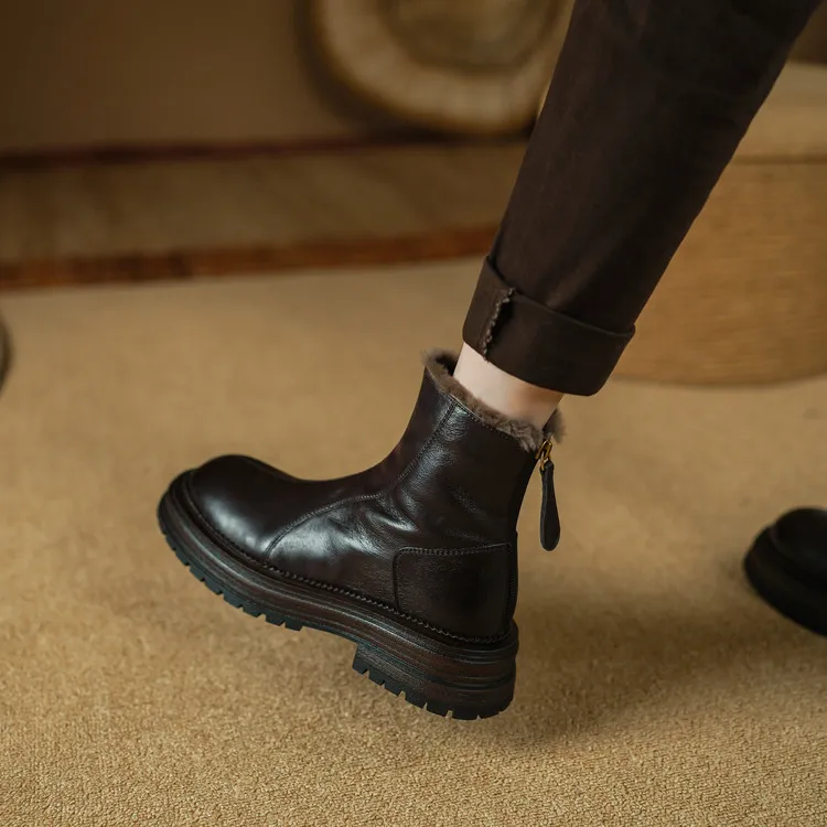 Winter round-toe snow boots, thick sole, chunky heel, high heel, back zipper, simple lamb wool women's boots