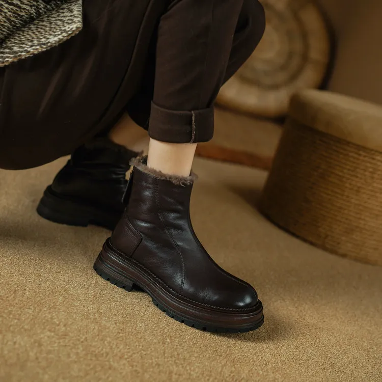 Winter round-toe snow boots, thick sole, chunky heel, high heel, back zipper, simple lamb wool women's boots