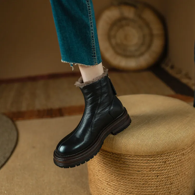 Winter round-toe snow boots, thick sole, chunky heel, high heel, back zipper, simple lamb wool women's boots