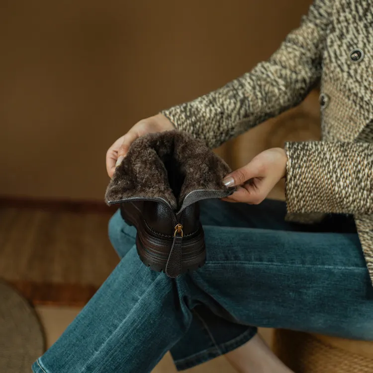 Winter round-toe snow boots, thick sole, chunky heel, high heel, back zipper, simple lamb wool women's boots