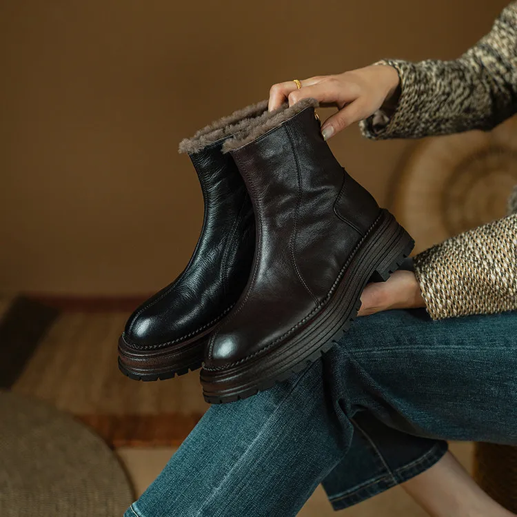 Winter round-toe snow boots, thick sole, chunky heel, high heel, back zipper, simple lamb wool women's boots