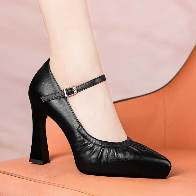 Spring/Summer/Autumn Single Shoes, Waterproof Platform Pointed Toe Cowhide Chunky Heel High Heel Buckle Fashion Shoes 11-3L