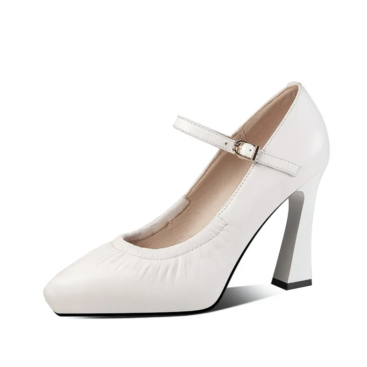 Spring/Summer/Autumn Single Shoes, Waterproof Platform Pointed Toe Cowhide Chunky Heel High Heel Buckle Fashion Shoes 11-3L