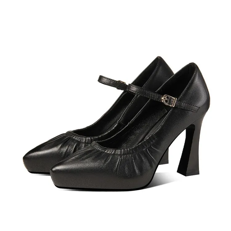 Spring/Summer/Autumn Single Shoes, Waterproof Platform Pointed Toe Cowhide Chunky Heel High Heel Buckle Fashion Shoes 11-3L