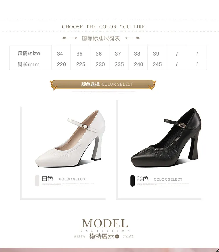 Spring/Summer/Autumn Single Shoes, Waterproof Platform Pointed Toe Cowhide Chunky Heel High Heel Buckle Fashion Shoes 11-3L