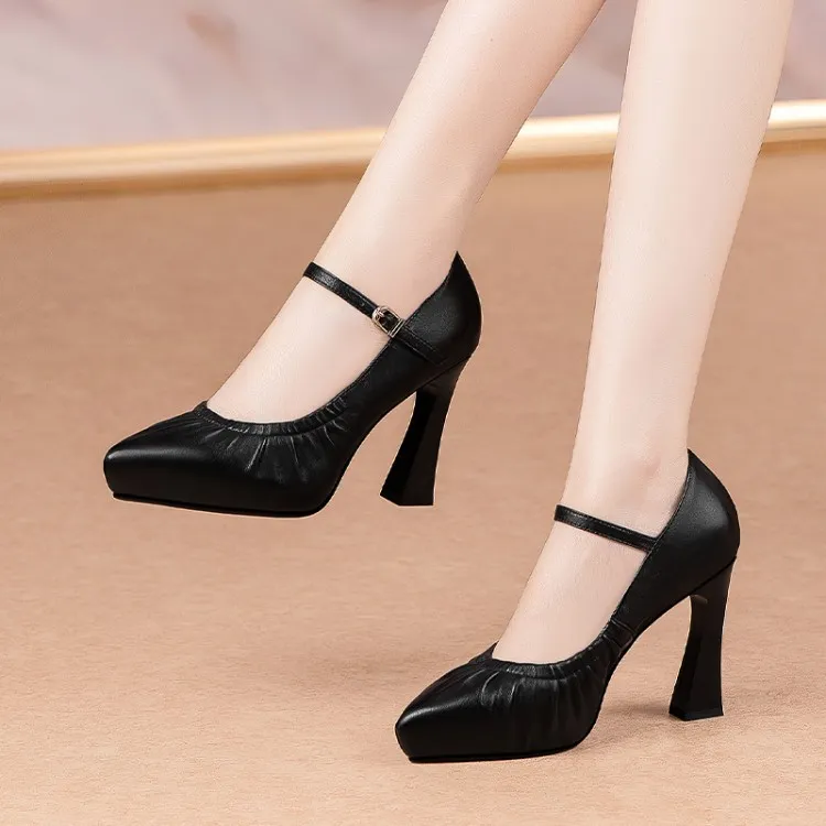 Spring/Summer/Autumn Single Shoes, Waterproof Platform Pointed Toe Cowhide Chunky Heel High Heel Buckle Fashion Shoes 11-3L