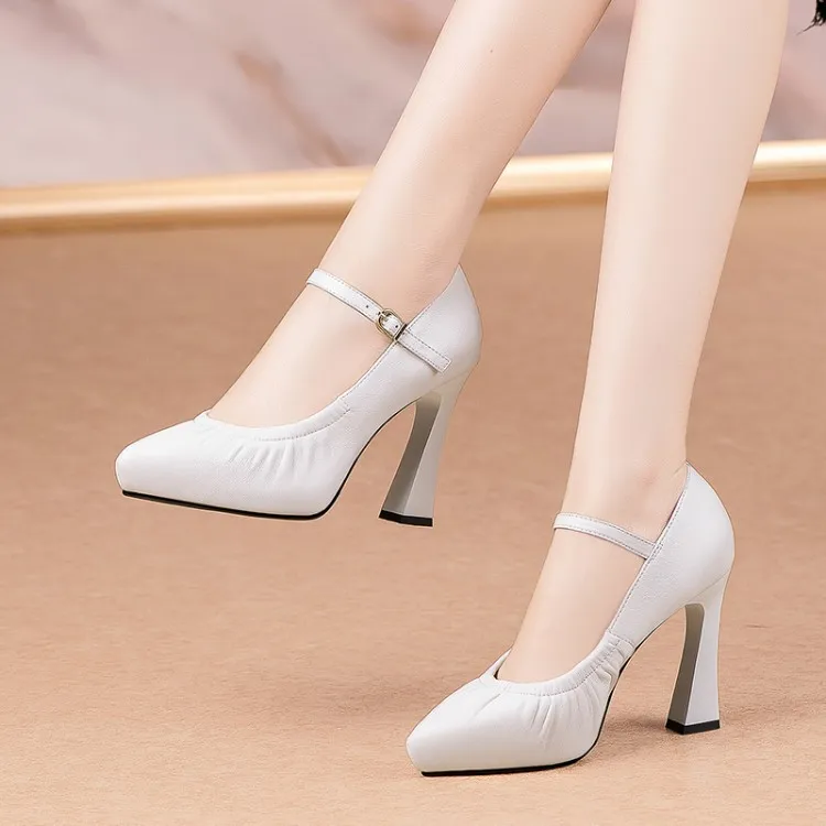 Spring/Summer/Autumn Single Shoes, Waterproof Platform Pointed Toe Cowhide Chunky Heel High Heel Buckle Fashion Shoes 11-3L