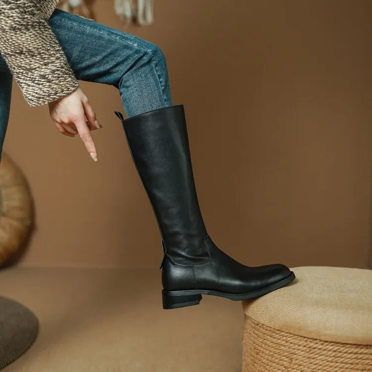 Women's high-top winter boots made of full-grain cowhide, round toe, chunky heel, low heel, side zipper, fashion riding boots