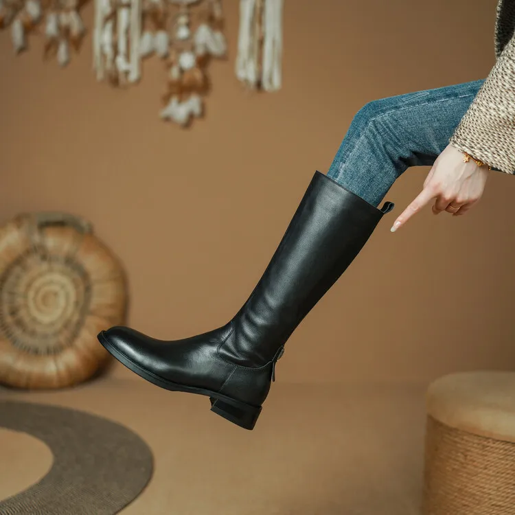 Women's high-top winter boots made of full-grain cowhide, round toe, chunky heel, low heel, side zipper, fashion riding boots