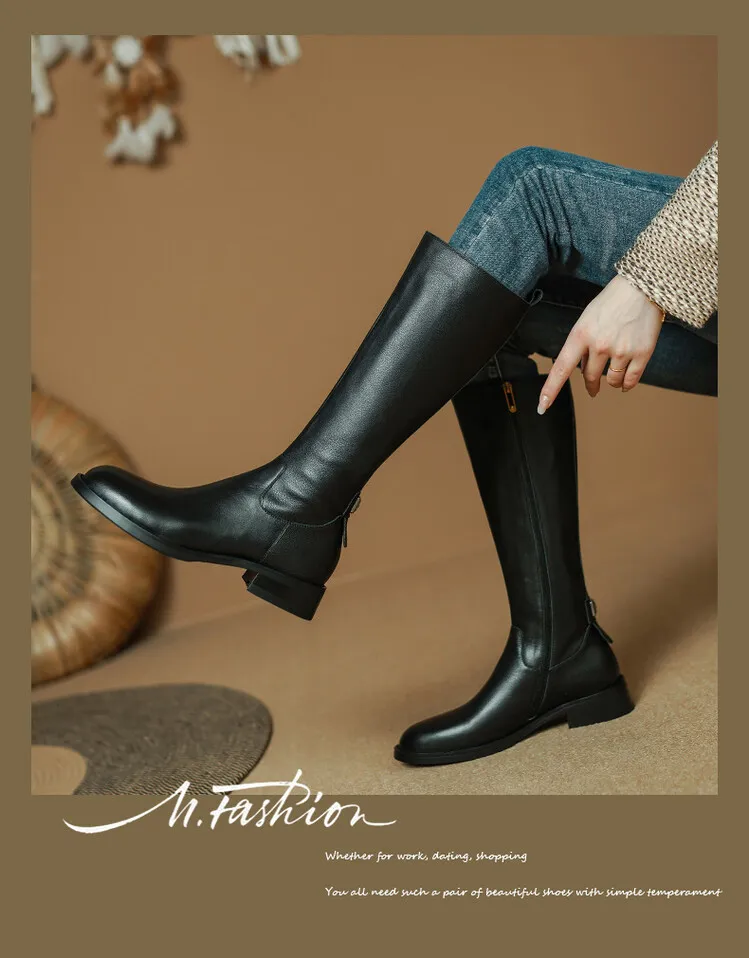 Women's high-top winter boots made of full-grain cowhide, round toe, chunky heel, low heel, side zipper, fashion riding boots