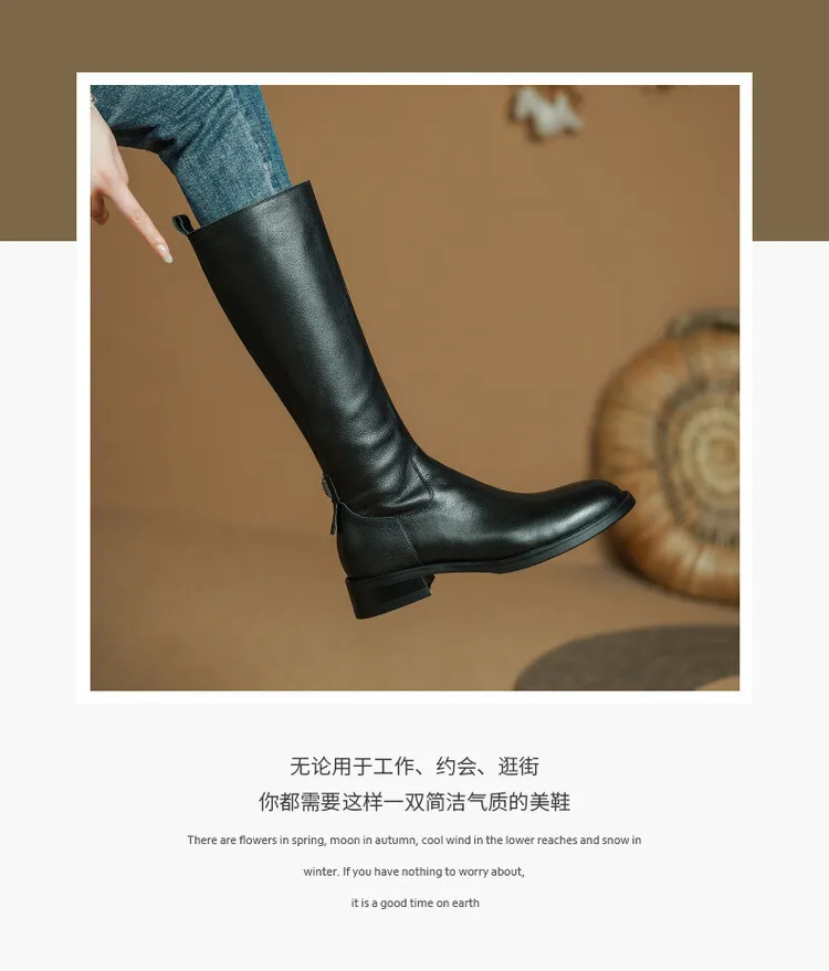 Women's high-top winter boots made of full-grain cowhide, round toe, chunky heel, low heel, side zipper, fashion riding boots