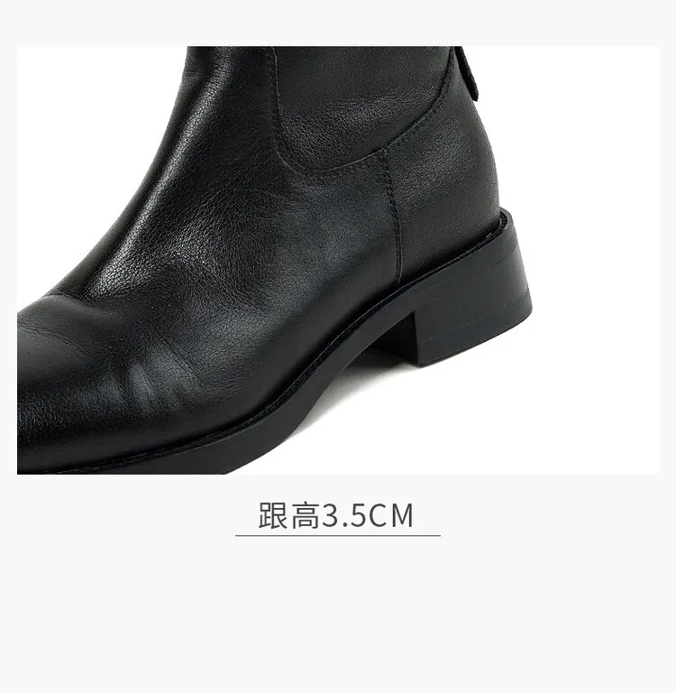 Women's high-top winter boots made of full-grain cowhide, round toe, chunky heel, low heel, side zipper, fashion riding boots