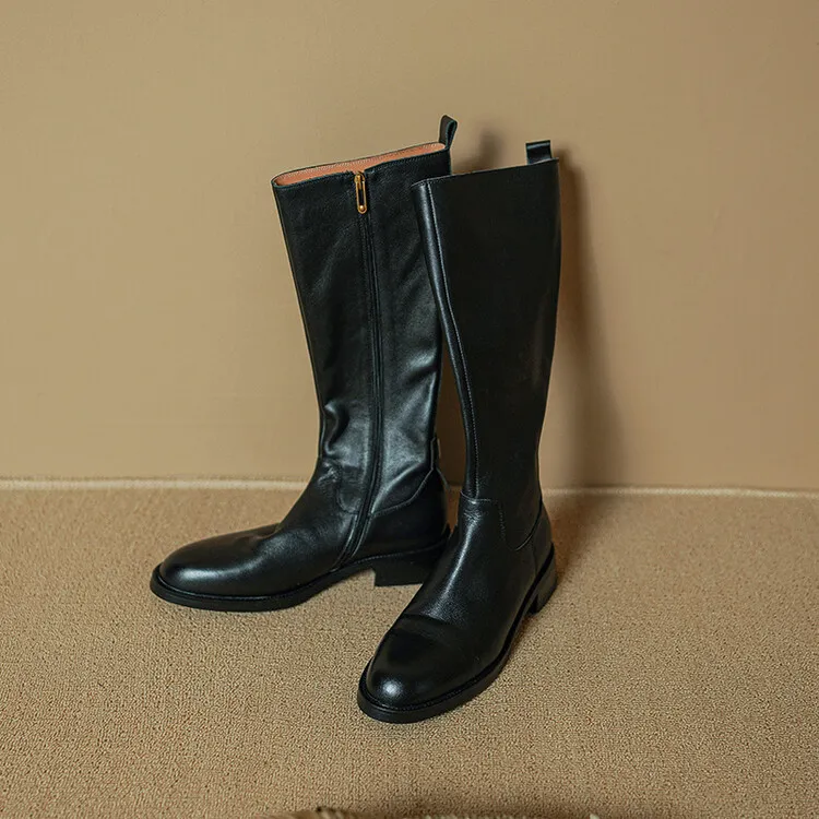 Women's high-top winter boots made of full-grain cowhide, round toe, chunky heel, low heel, side zipper, fashion riding boots