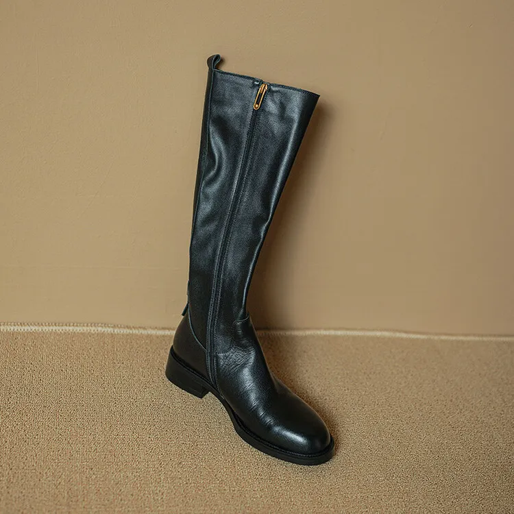Women's high-top winter boots made of full-grain cowhide, round toe, chunky heel, low heel, side zipper, fashion riding boots
