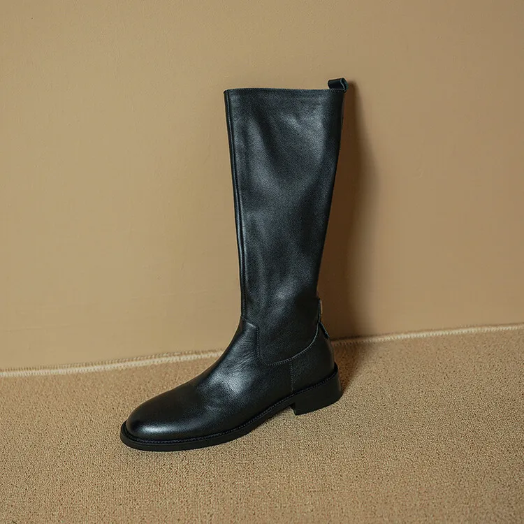 Women's high-top winter boots made of full-grain cowhide, round toe, chunky heel, low heel, side zipper, fashion riding boots
