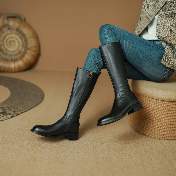 Women's high-top winter boots made of full-grain cowhide, round toe, chunky heel, low heel, side zipper, fashion riding boots