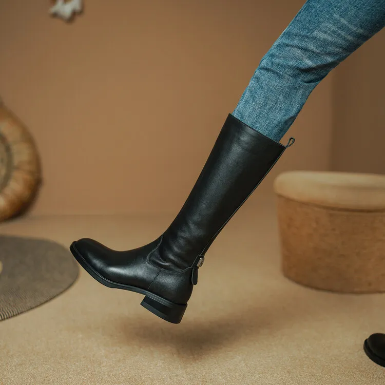 Women's high-top winter boots made of full-grain cowhide, round toe, chunky heel, low heel, side zipper, fashion riding boots