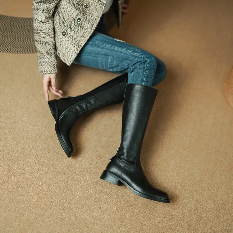 Women's high-top winter boots made of full-grain cowhide, round toe, chunky heel, low heel, side zipper, fashion riding boots