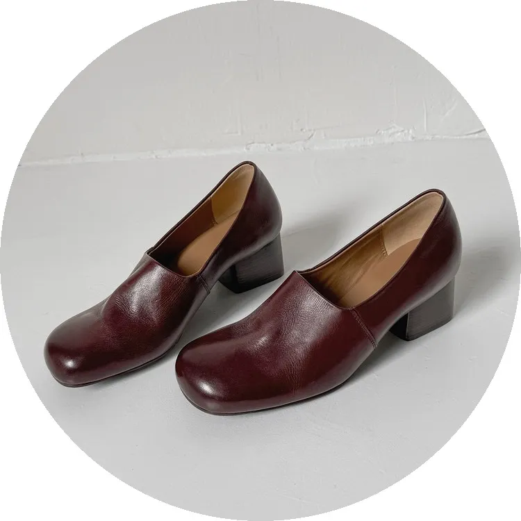 Autumn/Winter Mid-Heel Round Toe Distressed Leather Shoes, Soft and Comfortable Top-Grain Cowhide, Chunky Heel Women's Shoes