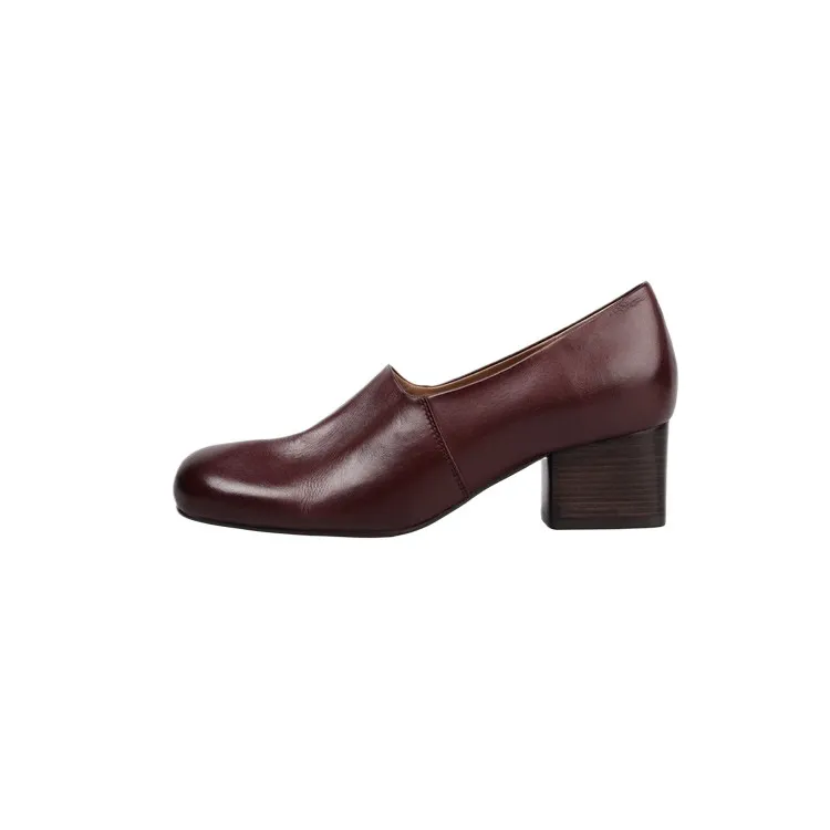 Autumn/Winter Mid-Heel Round Toe Distressed Leather Shoes, Soft and Comfortable Top-Grain Cowhide, Chunky Heel Women's Shoes